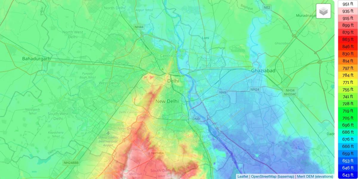 Mappa altimetrica di Nuova Delhi